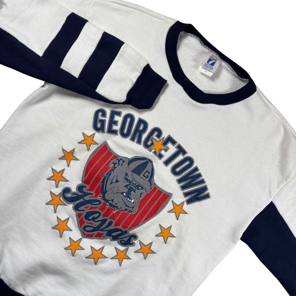 VTG Georgetown Hoyas Sweatshirt Sz M White Navy 90s USA NCAA Crewneck Colorblock